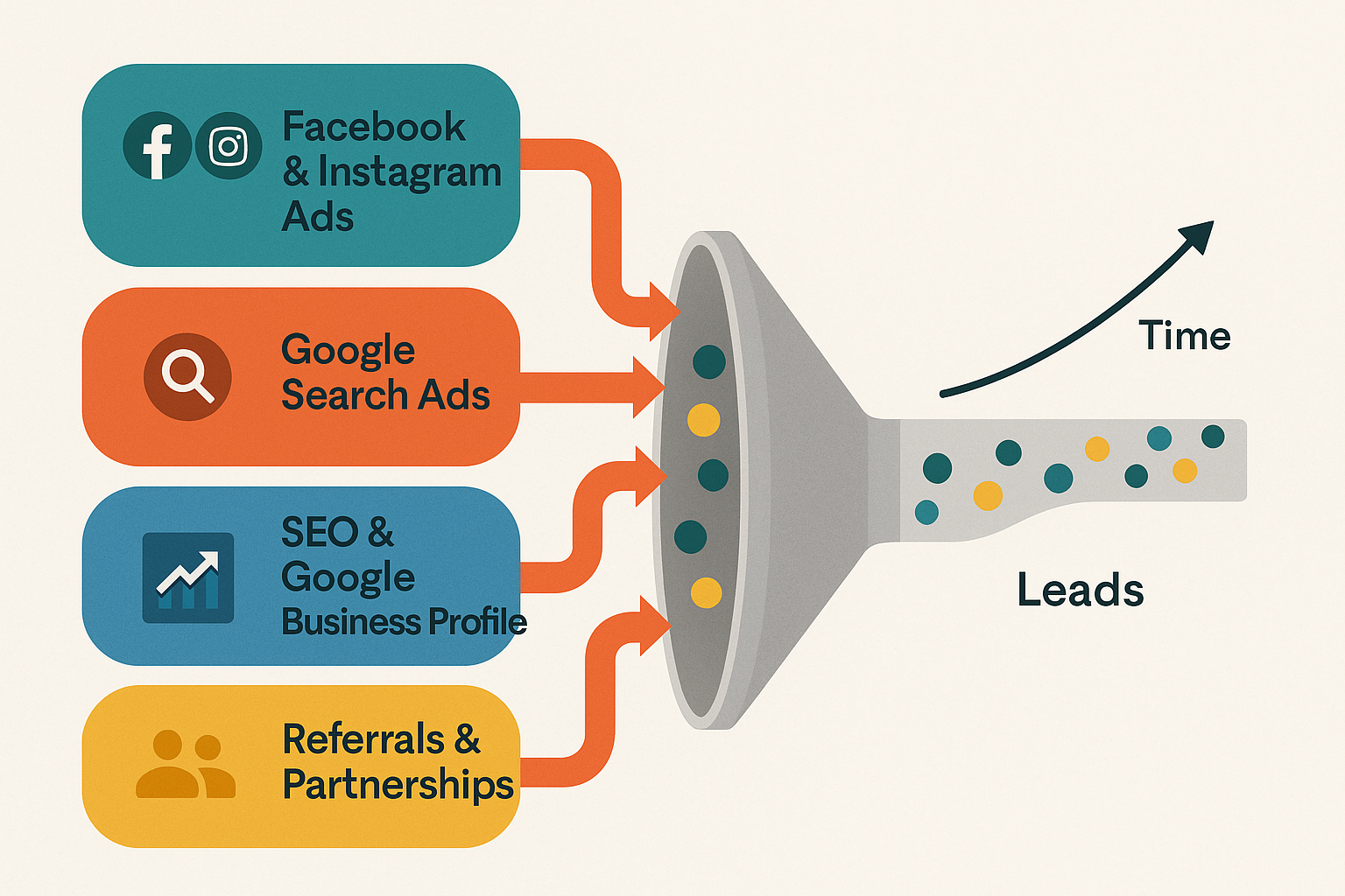 Funnel infographic illustrating how multi-channel marketing generates kitchen remodel leads over time.