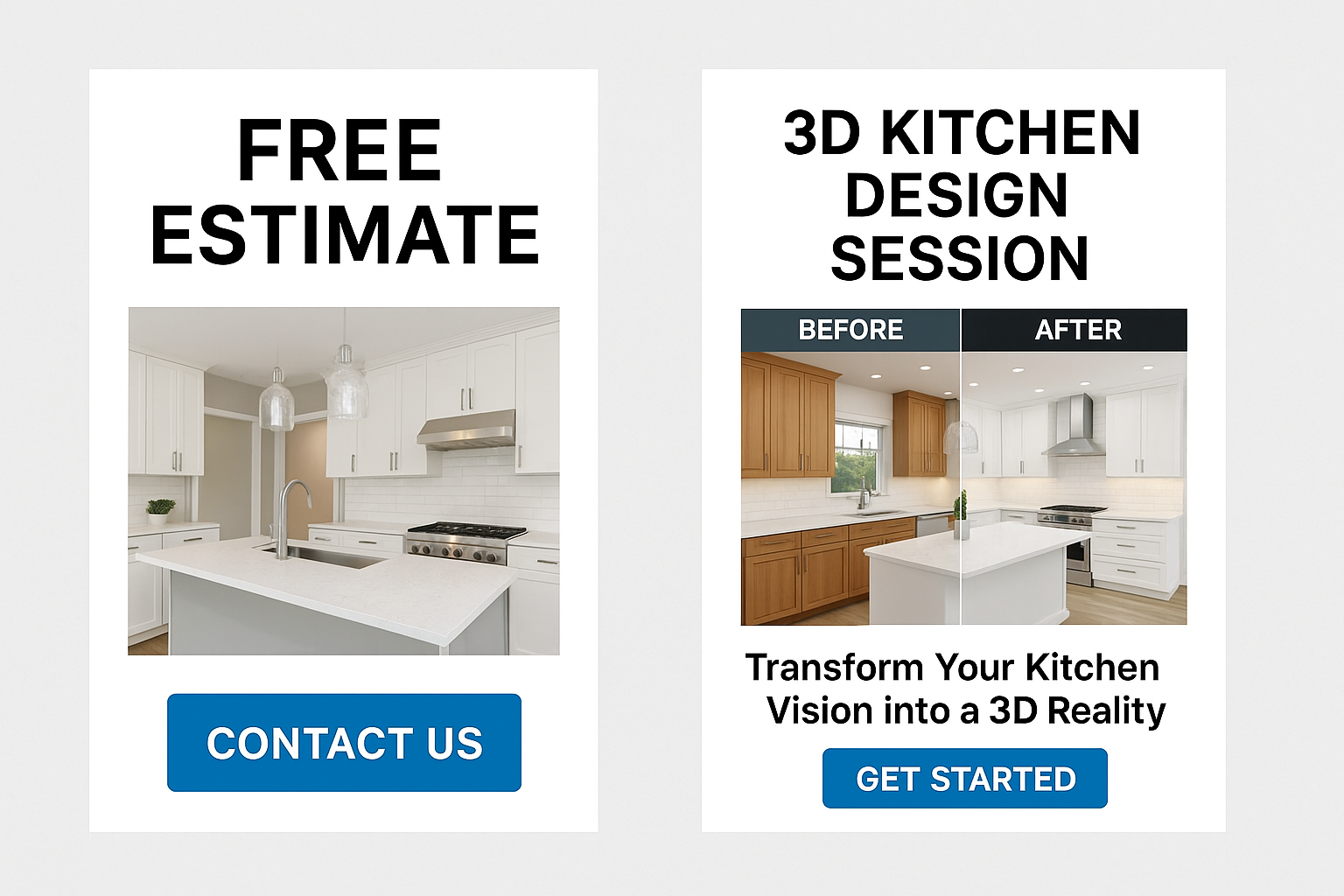Side-by-side comparison of kitchen remodeling ads: generic 'Free Estimate' ad versus a compelling '3D Kitchen Design Session' offer.